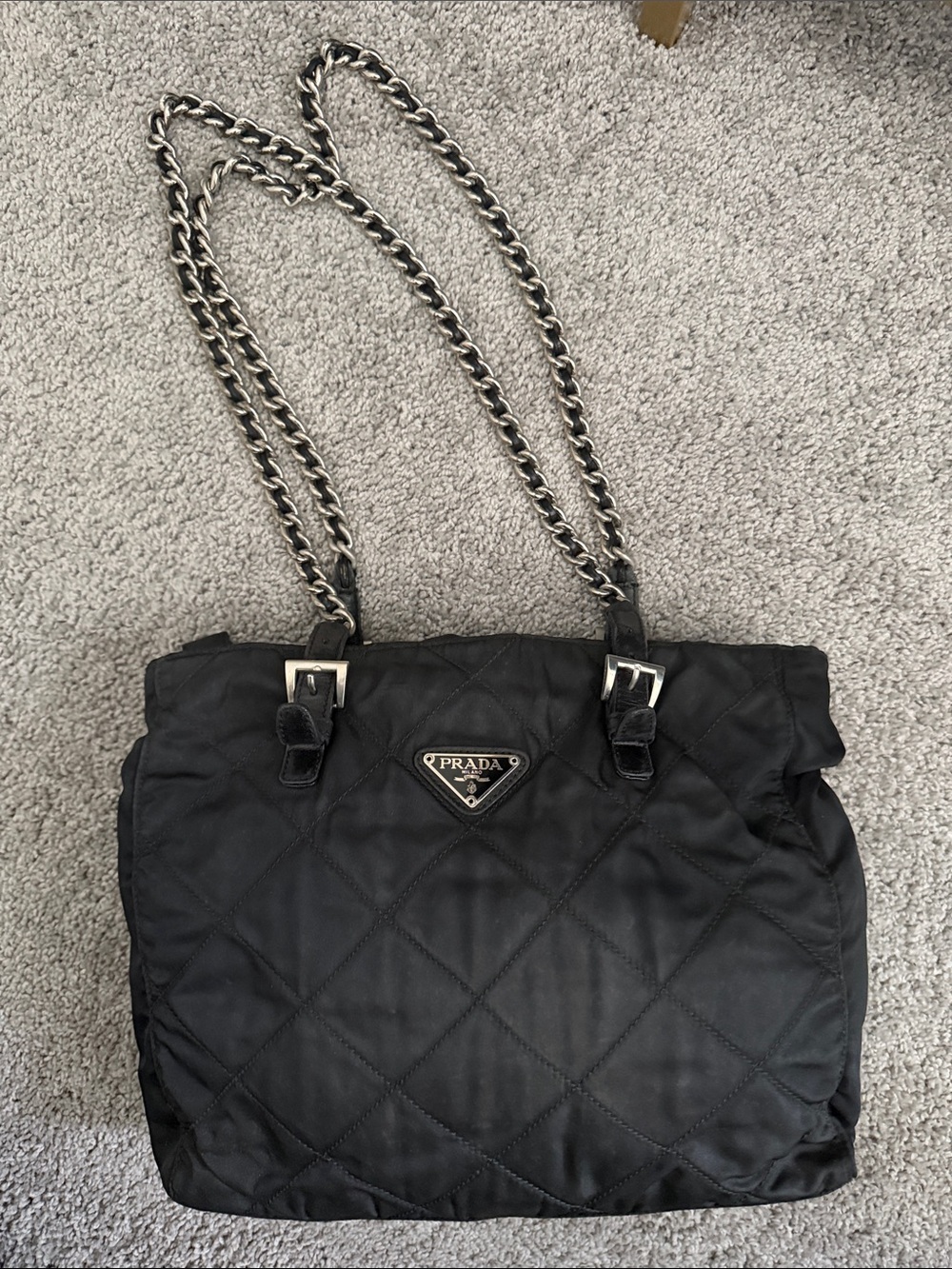 Vintage Prada Black Quilted Nylon Tote with Chain-Detail Straps